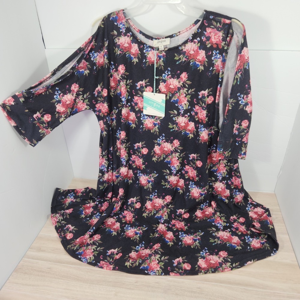 Umgee Black Floral Round Neck Tunic Top/Mini Dress Women's Medium *Pockets*